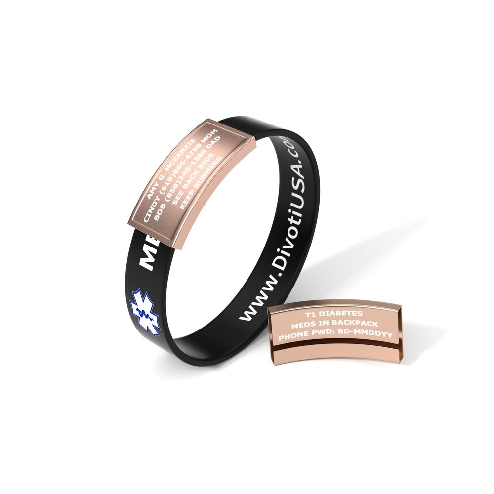 Divoti Ultra-Sleek Custom Engraved 13-mm Wide Silicone Sport Medical ID Wristband for Athletes PVD Rose Gold/Black - Medium