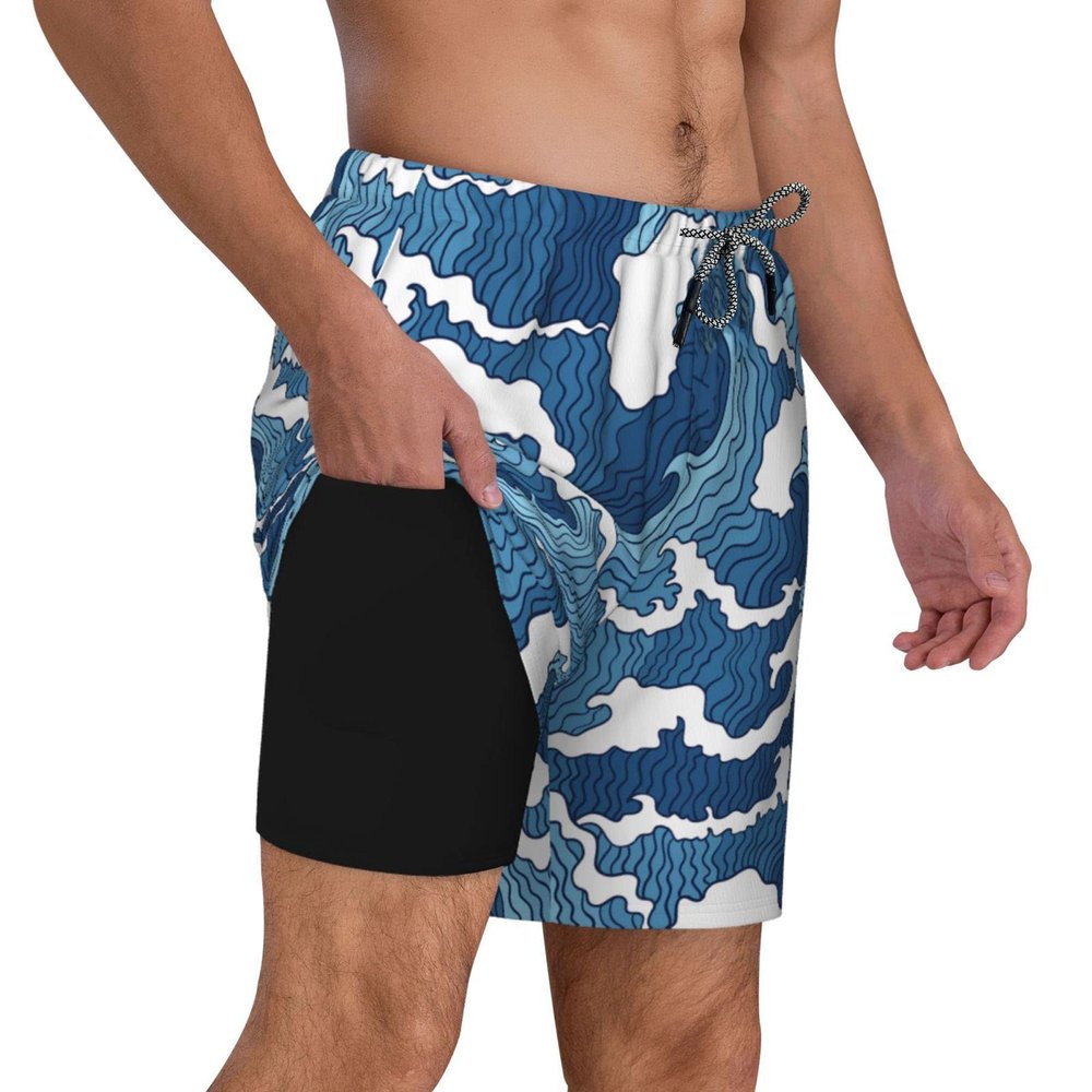 Blue Ocean Wave Mens Swim Trunks 9" Inseam Board Shorts Beach Swimwear Bathing Suit with Compression Lined and Pockets XX-Large