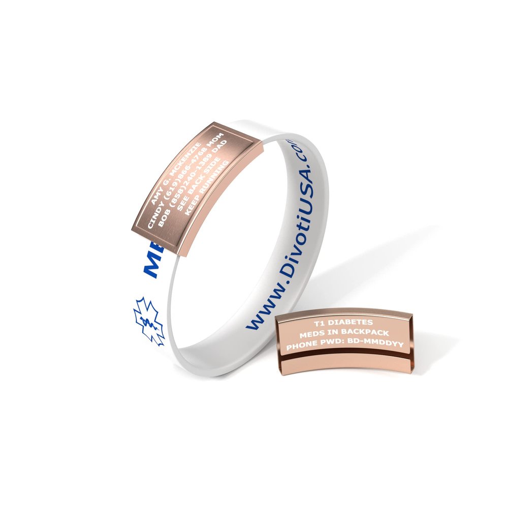 Divoti Ultra-Sleek Custom Engraved 13-mm Wide Silicone Sport Medical ID Wristband for Athletes PVD Rose Gold/White - Medium