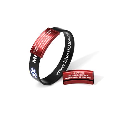 Divoti Ultra-Sleek Custom Engraved 13-mm Wide Silicone Sport Medical ID Wristband for Athletes Color Plated Red/Black - Large