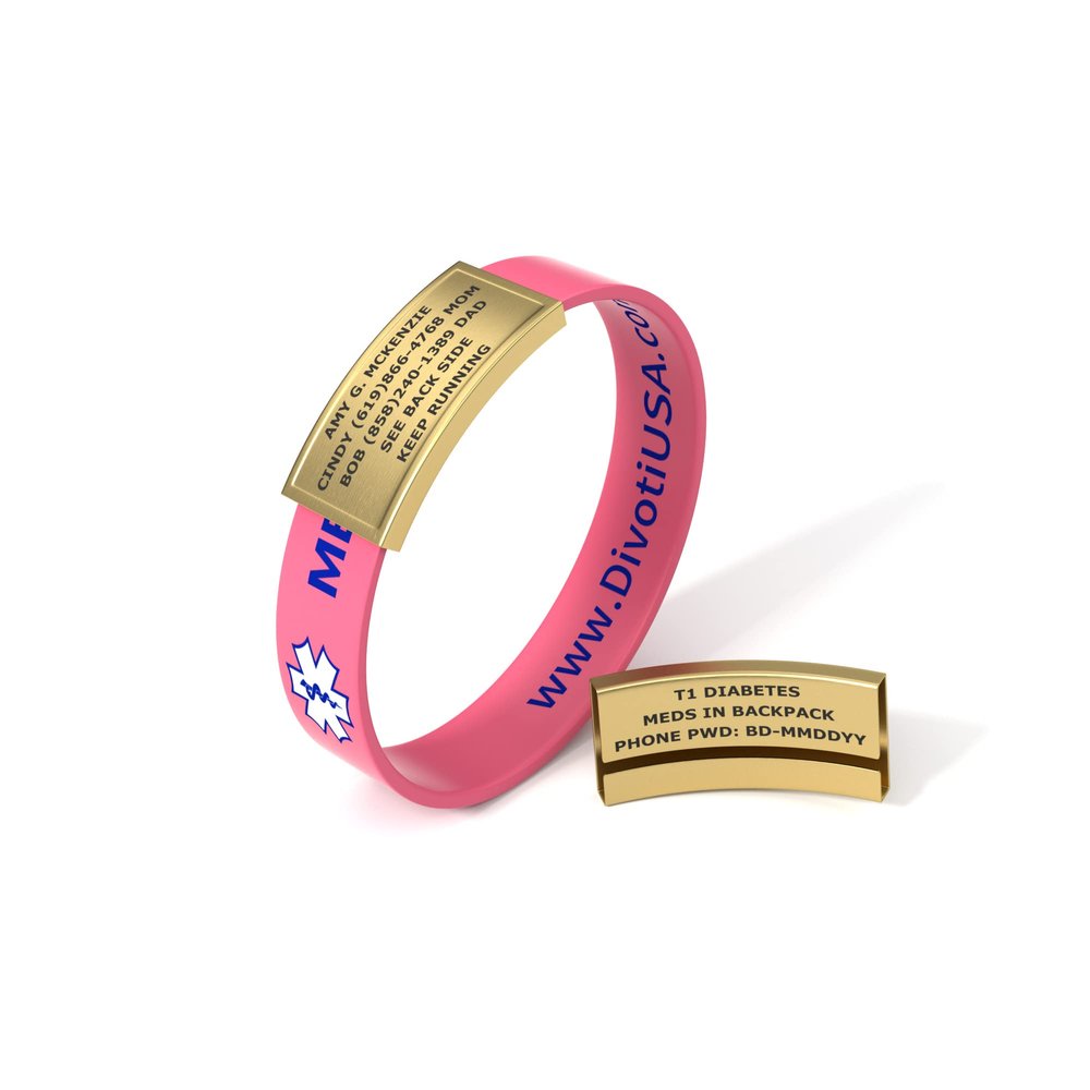Divoti Ultra-Sleek Custom Engraved 13-mm Wide Silicone Sport Medical ID Wristband for Athletes PVD Gold/Pink - Large