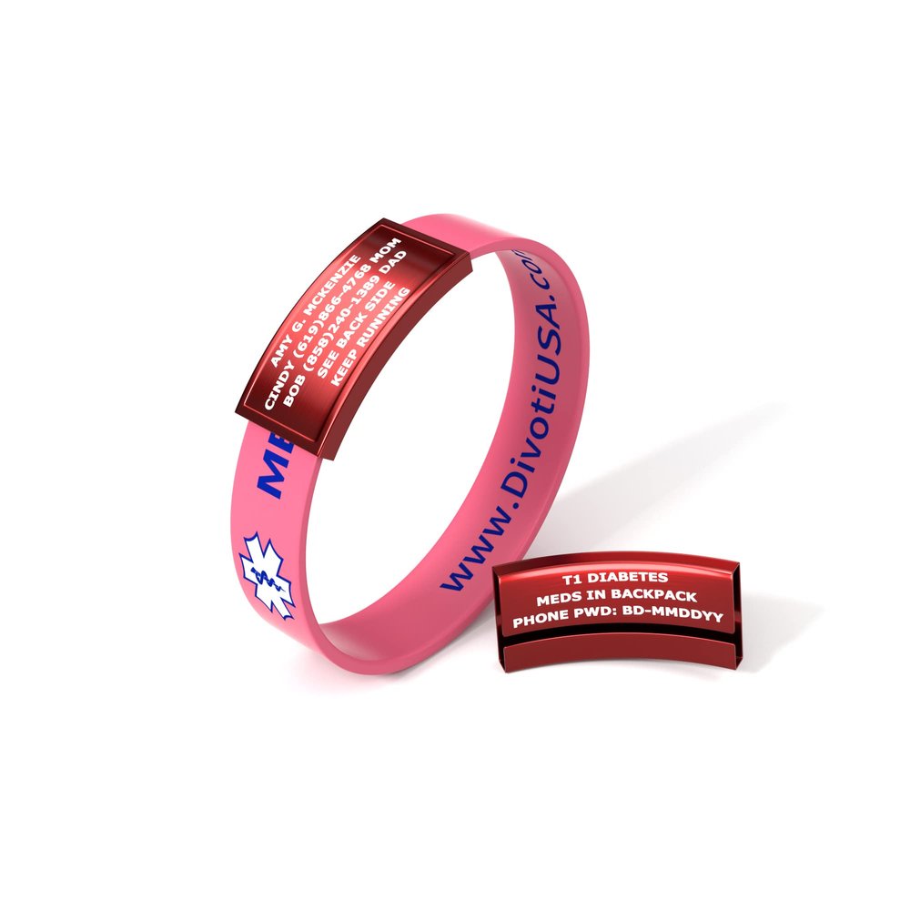 Divoti Ultra-Sleek Custom Engraved 13-mm Wide Silicone Sport Medical ID Wristband for Athletes Color Plated Red/Pink - Small