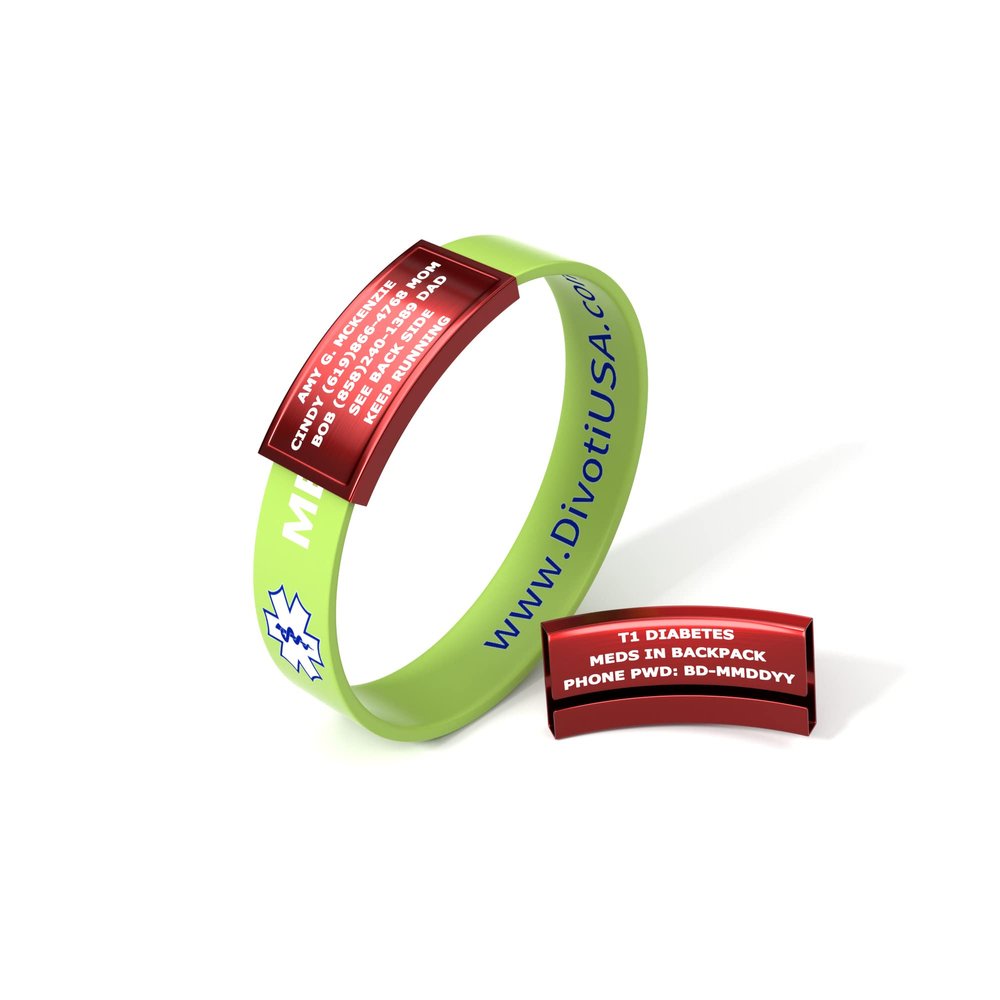 Divoti Ultra-Sleek Custom Engraved 13-mm Wide Silicone Sport Medical ID Wristband for Athletes Color Plated Red/Lime - Medium