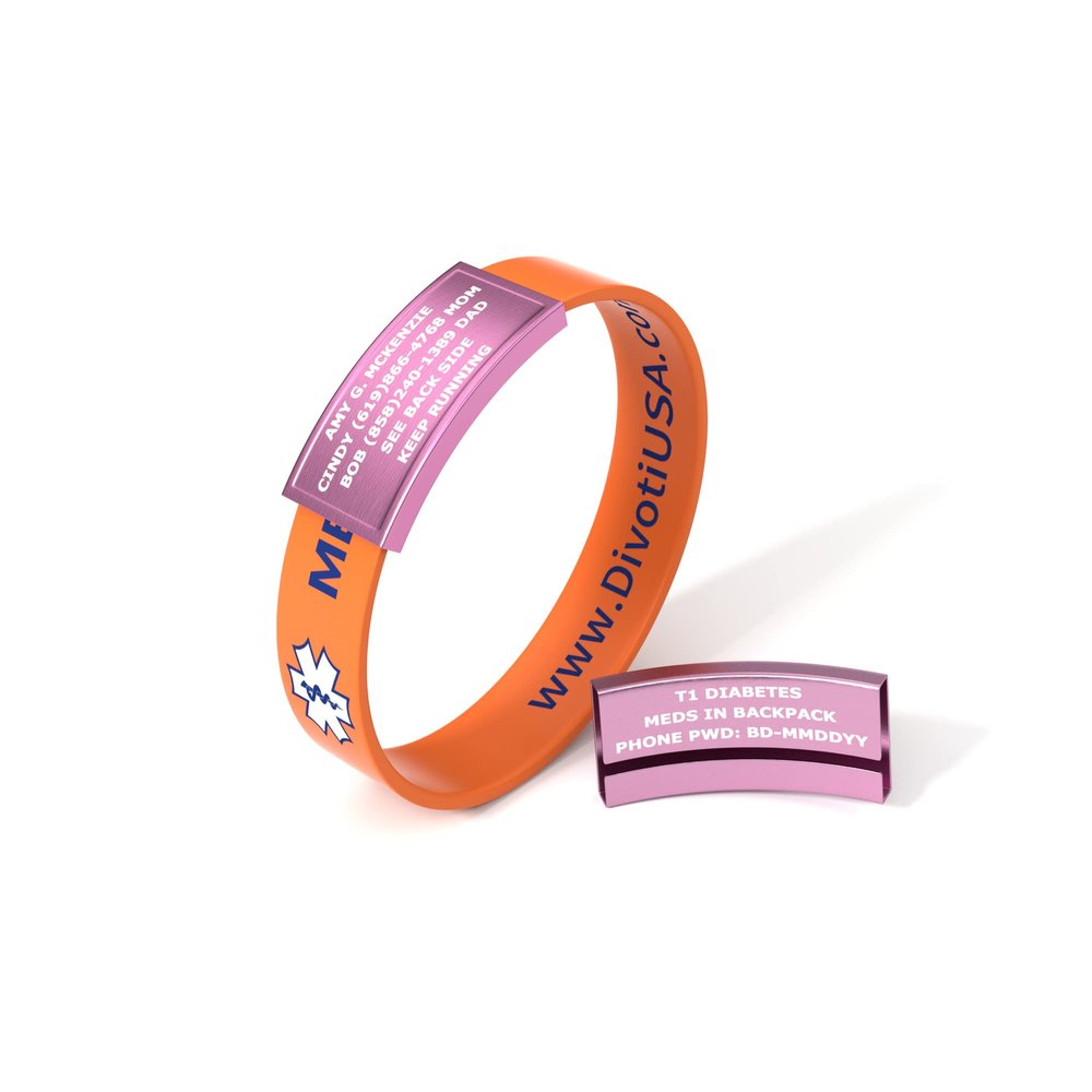 Divoti Ultra-Sleek Custom Engraved 13-mm Wide Silicone Sport Medical ID Wristband for Athletes Color Plated Pink/Orange - Large