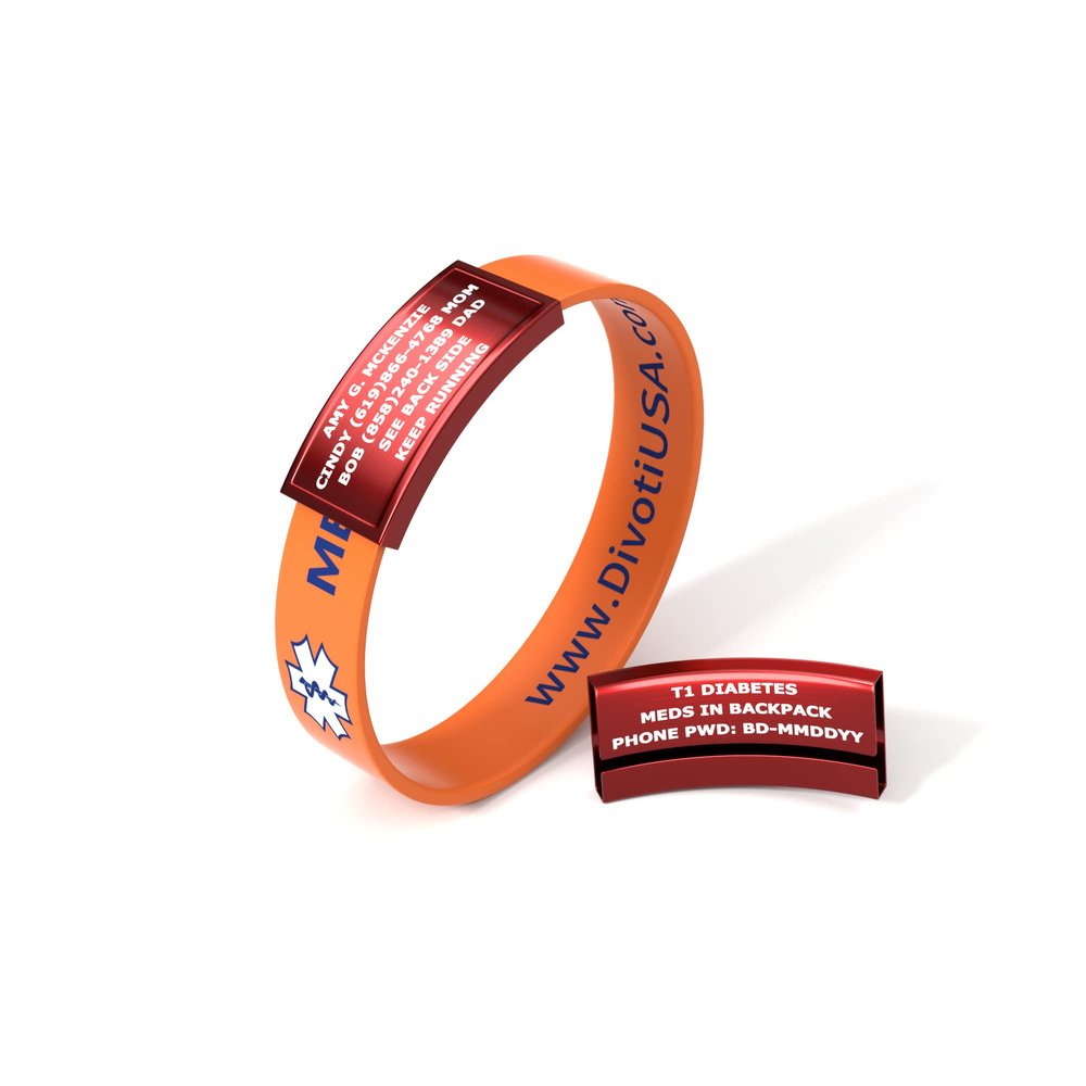 Divoti Ultra-Sleek Custom Engraved 13-mm Wide Silicone Sport Medical ID Wristband for Athletes Color Plated Red/Orange - Medium