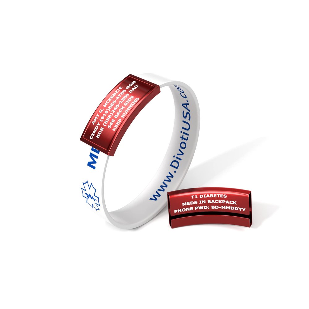 Divoti Ultra-Sleek Custom Engraved 13-mm Wide Silicone Sport Medical ID Wristband for Athletes Color Plated Red/White - Large