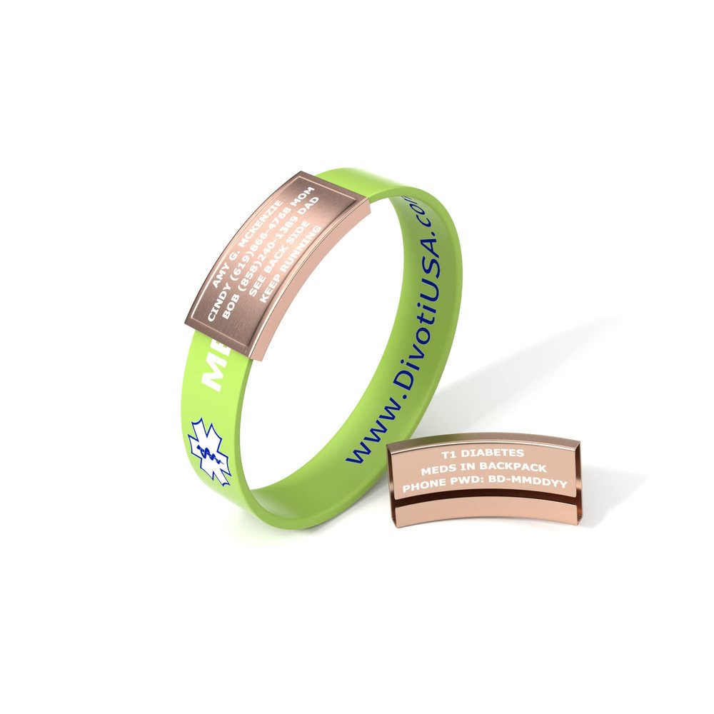 Divoti Ultra-Sleek Custom Engraved 13-mm Wide Silicone Sport Medical ID Wristband for Athletes PVD Rose Gold/Lime - Medium