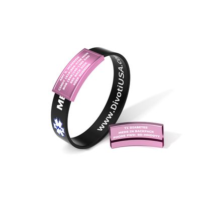Divoti Ultra-Sleek Custom Engraved 13-mm Wide Silicone Sport Medical ID Wristband for Athletes  Color Plated Pink/Black - Large