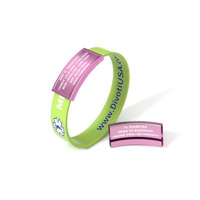 Divoti Ultra-Sleek Custom Engraved 13-mm Wide Silicone Sport Medical ID Wristband for Athletes  Color Plated Pink/Lime - Medium