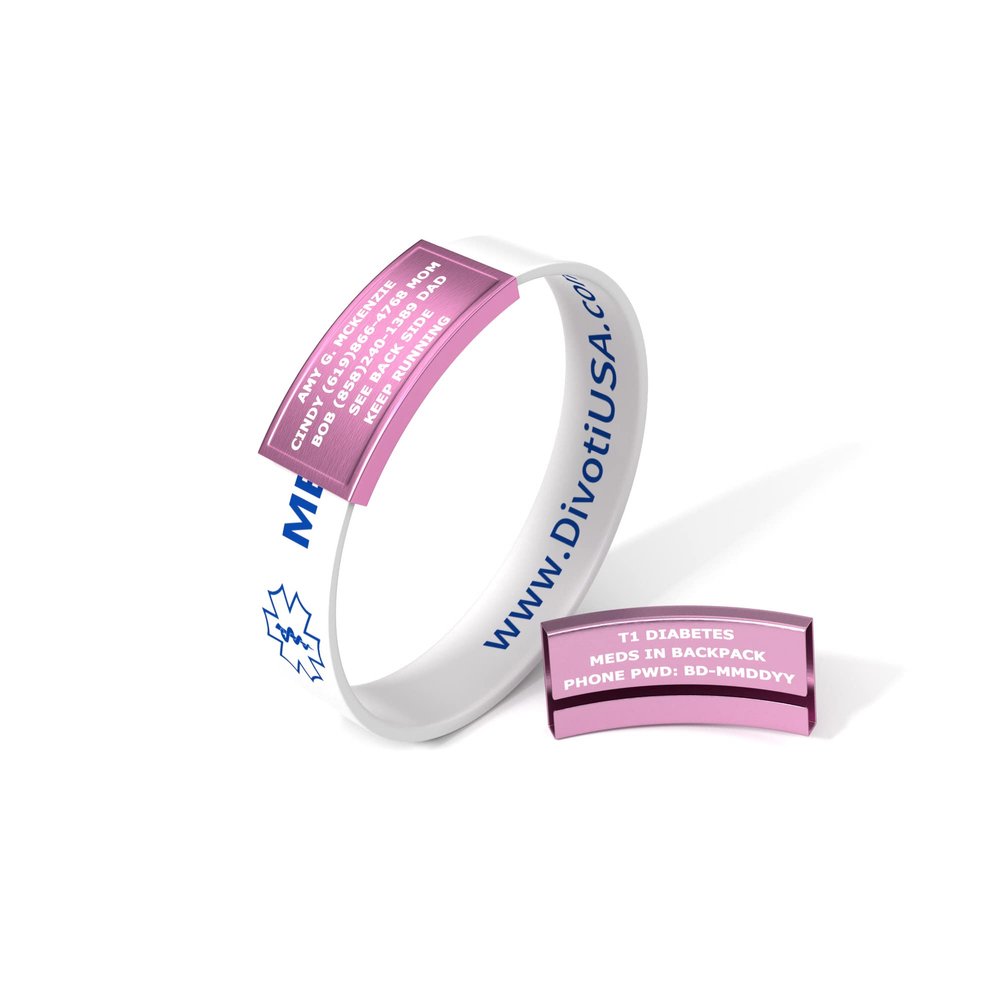 Divoti Ultra-Sleek Custom Engraved 13-mm Wide Silicone Sport Medical ID Wristband for Athletes Color Plated Pink/White - Small