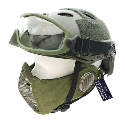 PJ Type Tactical Airsoft Fast Helmet and Foldable Half Face Mesh Guard with Ear Protection Adjustable Chin Strap Full Face Protection Set for Paintball BB Gun