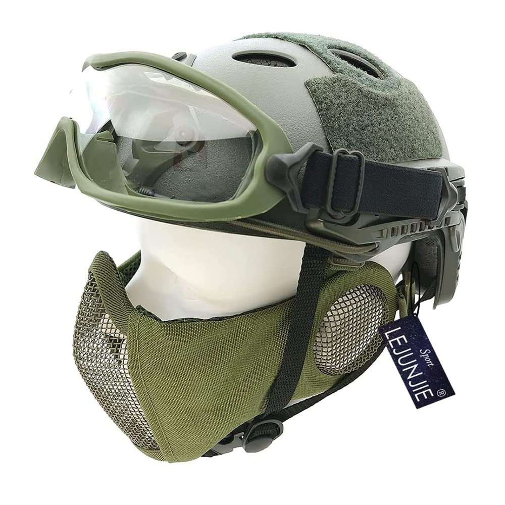 PJ Type Tactical Airsoft Fast Helmet and Foldable Half Face Mesh Guard with Ear Protection Adjustable Chin Strap Full Face Protection Set for Paintball BB Gun