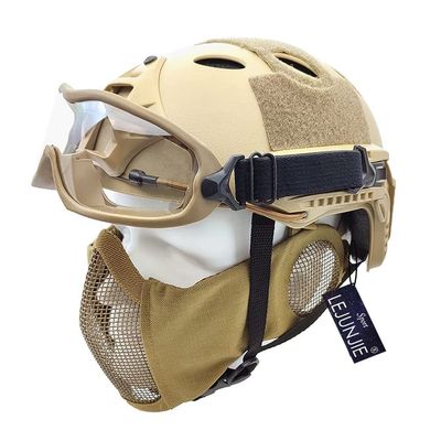 PJ Type Tactical Airsoft Fast Helmet and Foldable Half Face Mesh Guard with Ear Protection Adjustable Chin Strap Full Face Protection Set for Paintball BB Gun