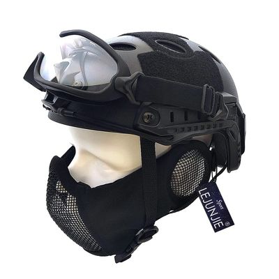 PJ Type Tactical Airsoft Fast Helmet and Foldable Half Face Mesh Guard with Ear Protection Adjustable Chin Strap Full Face Protection Set for Paintball BB Gun