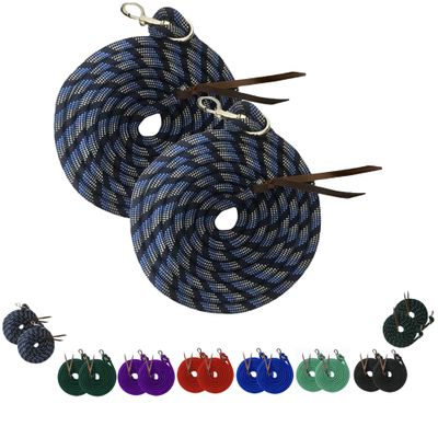 Majestic Ally 14' Pack of 2 Poly Training Lead Rope with Leather Popper for Horses & Livestock  14 Foot Long and 5/8 inch Thick - Replaceable Heavy-Duty Bolt Snap (Navy-Blue-White)