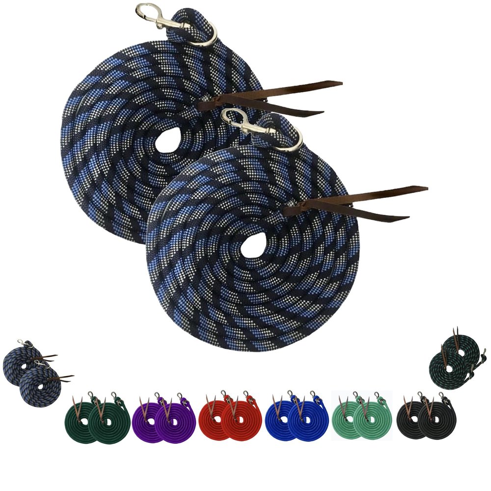 Majestic Ally 14' Pack of 2 Poly Training Lead Rope with Leather Popper for Horses & Livestock  14 Foot Long and 5/8 inch Thick - Replaceable Heavy-Duty Bolt Snap (Navy-Blue-White)