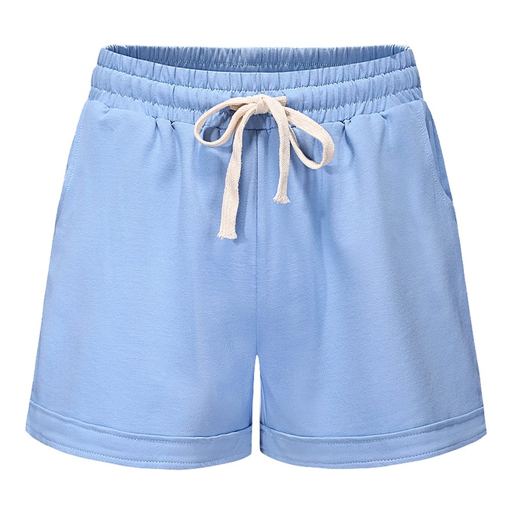 Fuwenni Women's Plus Size Shorts Summer Casual Elastic Waist Comfy Beach Shorts with Drawstring Sky Blue XXL