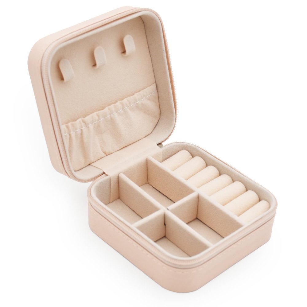MODENGKONGJIAN Mini Jewelry Travel Case, PU Leather Organizer Box, Small Portable Jewellery Storage Holder for Womens Rings Earrings Necklaces Bracelets (Pink)