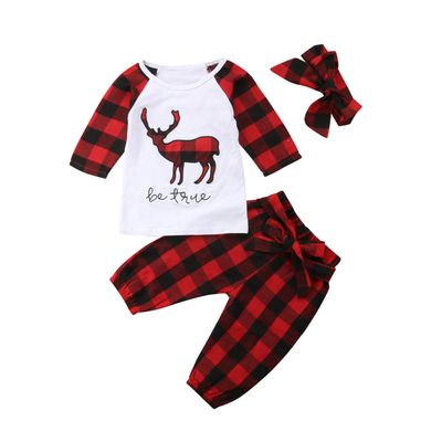 Zekky Baby Boy Summer Outfit Sets White Long Sleeve Letter Print Romper + Deer Head Print Plaid Pants + Hat g12 Casual