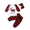 Zekky Baby Boy Summer Outfit Sets White Long Sleeve Letter Print Romper + Deer Head Print Plaid Pants + Hat g12 Casual view 1