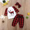 Zekky Baby Boy Summer Outfit Sets White Long Sleeve Letter Print Romper + Deer Head Print Plaid Pants + Hat g12 Casual view 2