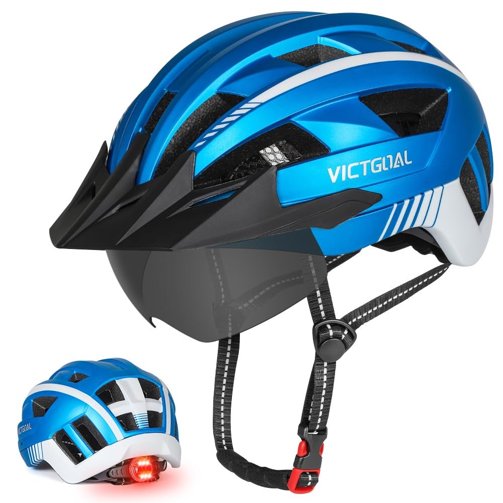 VICTGOAL Bike Helmet for Men Women with Led Light Detachable Magnetic Goggles Removable Sun Visor Mountain & Road Bicycle Helmets Adjustable Size Adult Cycling Helmets (M: 54-58 cm, Metal Blue)