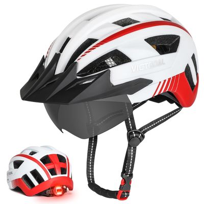 VICTGOAL Bike Helmet for Men Women with Led Light Detachable Magnetic Goggles Removable Sun Visor Mountain & Road Bicycle Helmets Adjustable Size Adult Cycling Helmets (M: 54-58 cm, White)
