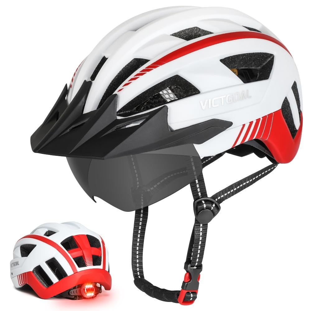 VICTGOAL Bike Helmet for Men Women with Led Light Detachable Magnetic Goggles Removable Sun Visor Mountain & Road Bicycle Helmets Adjustable Size Adult Cycling Helmets (M: 54-58 cm, White)