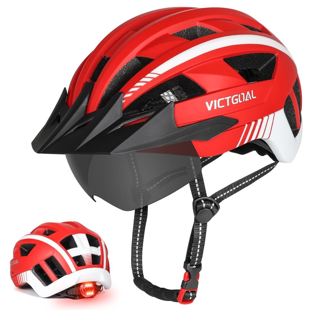 VICTGOAL Bike Helmet for Men Women with Led Light Detachable Magnetic Goggles Removable Sun Visor Mountain & Road Bicycle Helmets Adjustable Size Adult Cycling Helmets (M: 54-58 cm, Red)