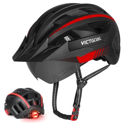 VICTGOAL Bike Helmet for Men Women with Led Light Detachable Magnetic Goggles Removable Sun Visor Mountain & Road Bicycle Helmets Adjustable Size Adult Cycling Helmets (M: 54-58 cm, Black Red)