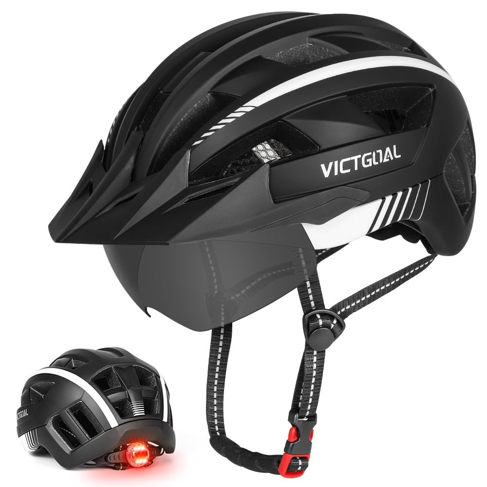 VICTGOAL Bike Helmet for Men Women with Led Light Detachable Magnetic Goggles Removable Sun Visor Mountain & Road Bicycle Helmets Adjustable Size Adult Cycling Helmets (M: 54-58 cm, Black White)