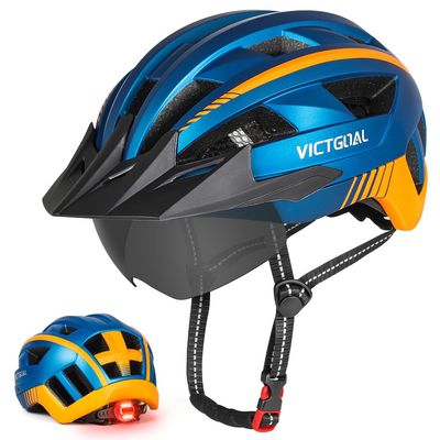 VICTGOAL Bike Helmet for Men Women with Led Light Detachable Magnetic Goggles Removable Sun Visor Mountain & Road Bicycle Helmets Adjustable Size Adult Cycling Helmets (M: 54-58 cm, Blue)