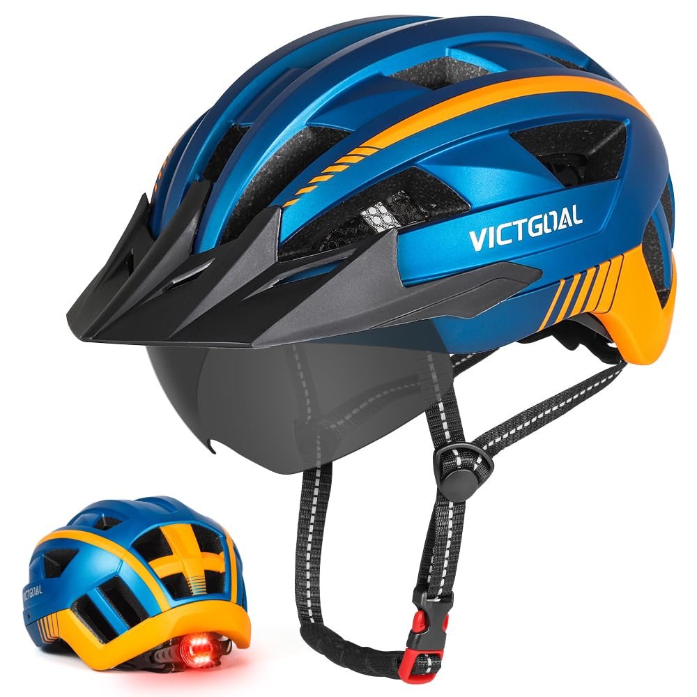 VICTGOAL Bike Helmet for Men Women with Led Light Detachable Magnetic Goggles Removable Sun Visor Mountain & Road Bicycle Helmets Adjustable Size Adult Cycling Helmets (M: 54-58 cm, Blue)