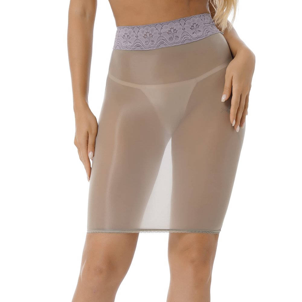 Moily Womens Shimmery Oily Bright High Waist Stocking Skirt Sheer Mesh Bodycon Skirt Miniskirt Grey One Size