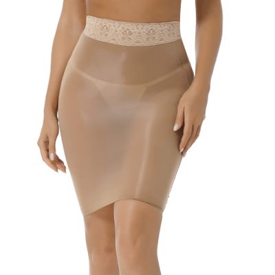 Moily Womens Shimmery Oily Bright High Waist Stocking Skirt Sheer Mesh Bodycon Skirt Miniskirt Nude One Size
