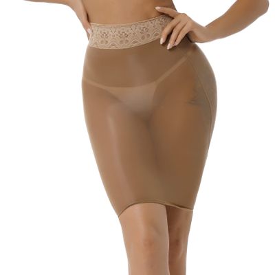 Moily Womens Shimmery Oily Bright High Waist Stocking Skirt Sheer Mesh Bodycon Skirt Miniskirt Coffee One Size