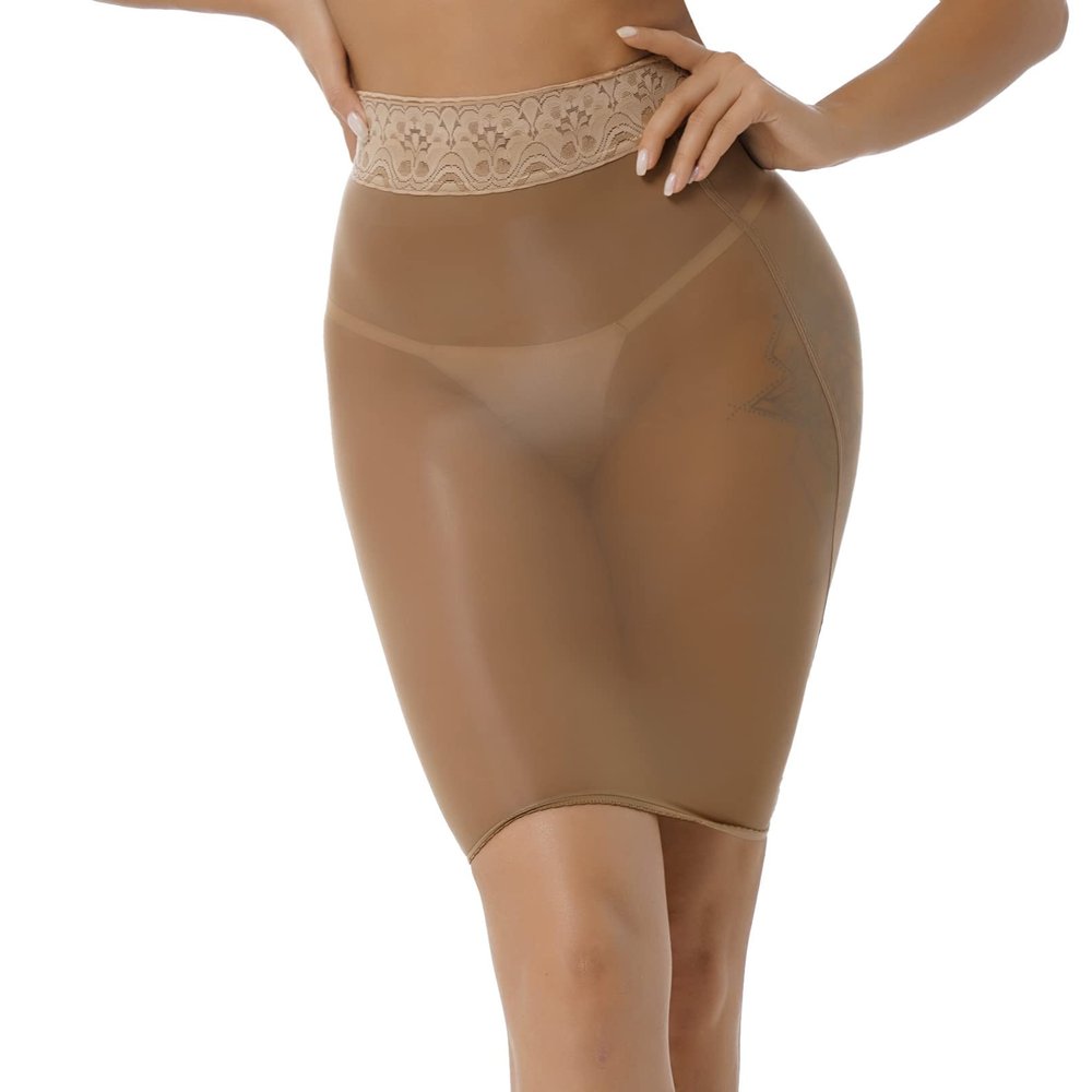 Moily Womens Shimmery Oily Bright High Waist Stocking Skirt Sheer Mesh Bodycon Skirt Miniskirt Coffee One Size