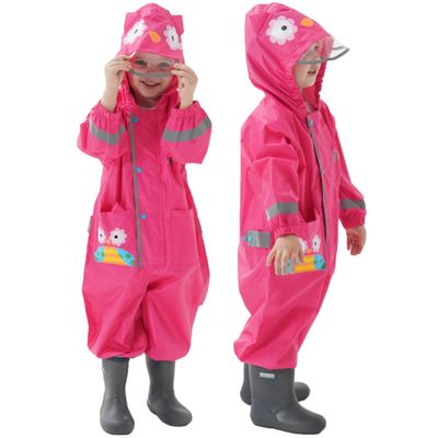 Kids Toddler Rain Suit for boys girls One Piece Hoodie Zipper Cute Cartoon Owl Waterproof Rain Jacket 1-3 years S Size