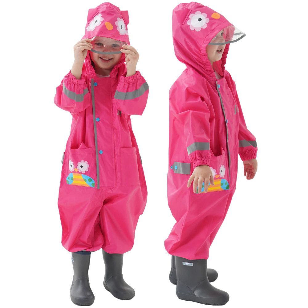 Kids Toddler Rain Suit for boys girls One Piece Hoodie Zipper Cute Cartoon Owl Waterproof Rain Jacket 1-3 years S Size