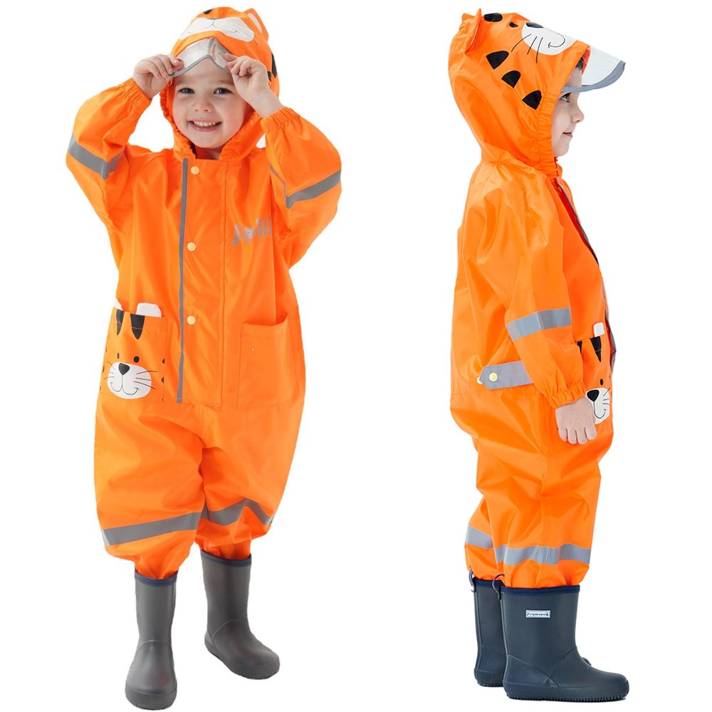 Kids Toddler Rain Suit for boys girls One Piece Hoodie Zipper Cute Cartoon Tiger Waterproof Rain Jacket 1-3 years S Size