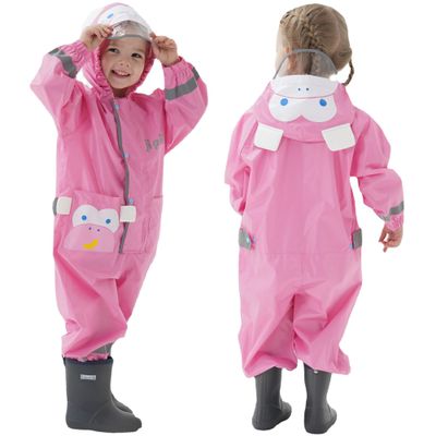 Fewlby Kids Toddler Rain Suit for boys girls One Piece Hoodie Zipper Cute Cartoon Monkey Waterproof Rain Jacket 8-10 years XXL Size
