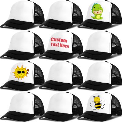 12 Pack Trucker Hat for Kids Summer Polyester Mesh Cap Adjustable Sublimation Blank Hats Baseball Caps for Outdoor (Black)