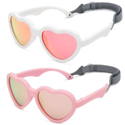 Hycredi Baby Heart Shaped Sunglasses - with Strap Adjustable Polarized Shades for Newborn Infant Age 0-24 Months - (White/Purple Red Mirrored + Pink/Pink Mirrored