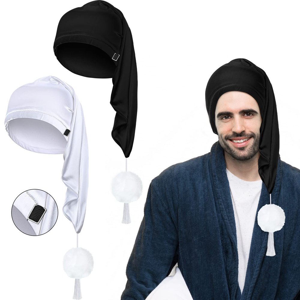 Geyoga 2 Pcs Men Silk Night Sleeping Cap Adjustable Drawstring Night Sleeping Cap with Pom Ball for Daily Use(Milk Fiber,Black, White,)