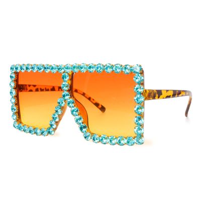ailov Oversized Trendy Bling Crystal Sunglasses for Men Women Party Favors Rhinestone Rectangle Glasses (Yellow Leopard/Blue Rhinestones)