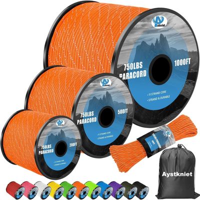750Ib Reflective Paracord Rope,500', 4mm 11 Strand Parachute Spool Cord with Collecting Bag, para Cord Lanyard for Hammock, Camping, Hiking