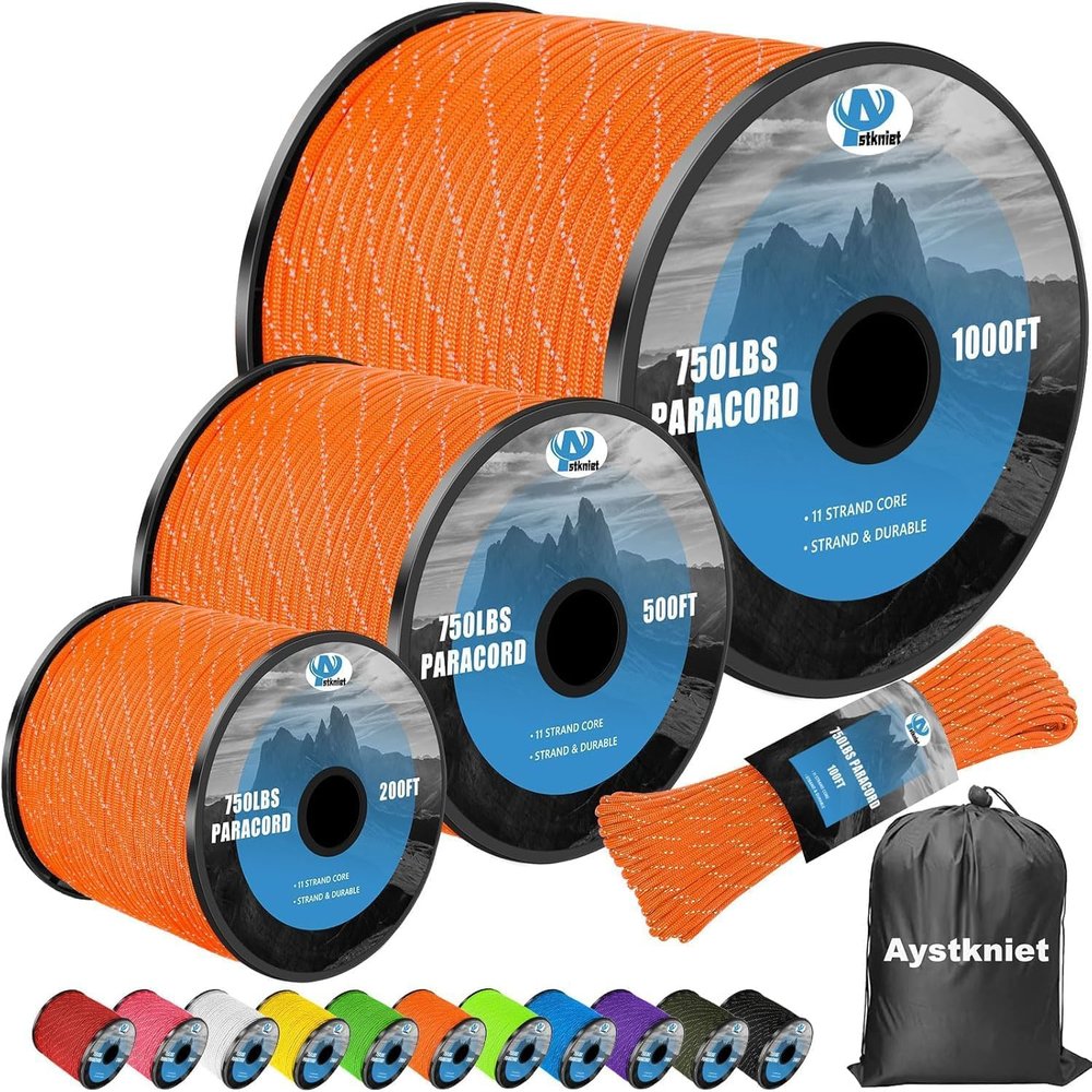 750Ib Reflective Paracord Rope,500', 4mm 11 Strand Parachute Spool Cord with Collecting Bag, para Cord Lanyard for Hammock, Camping, Hiking