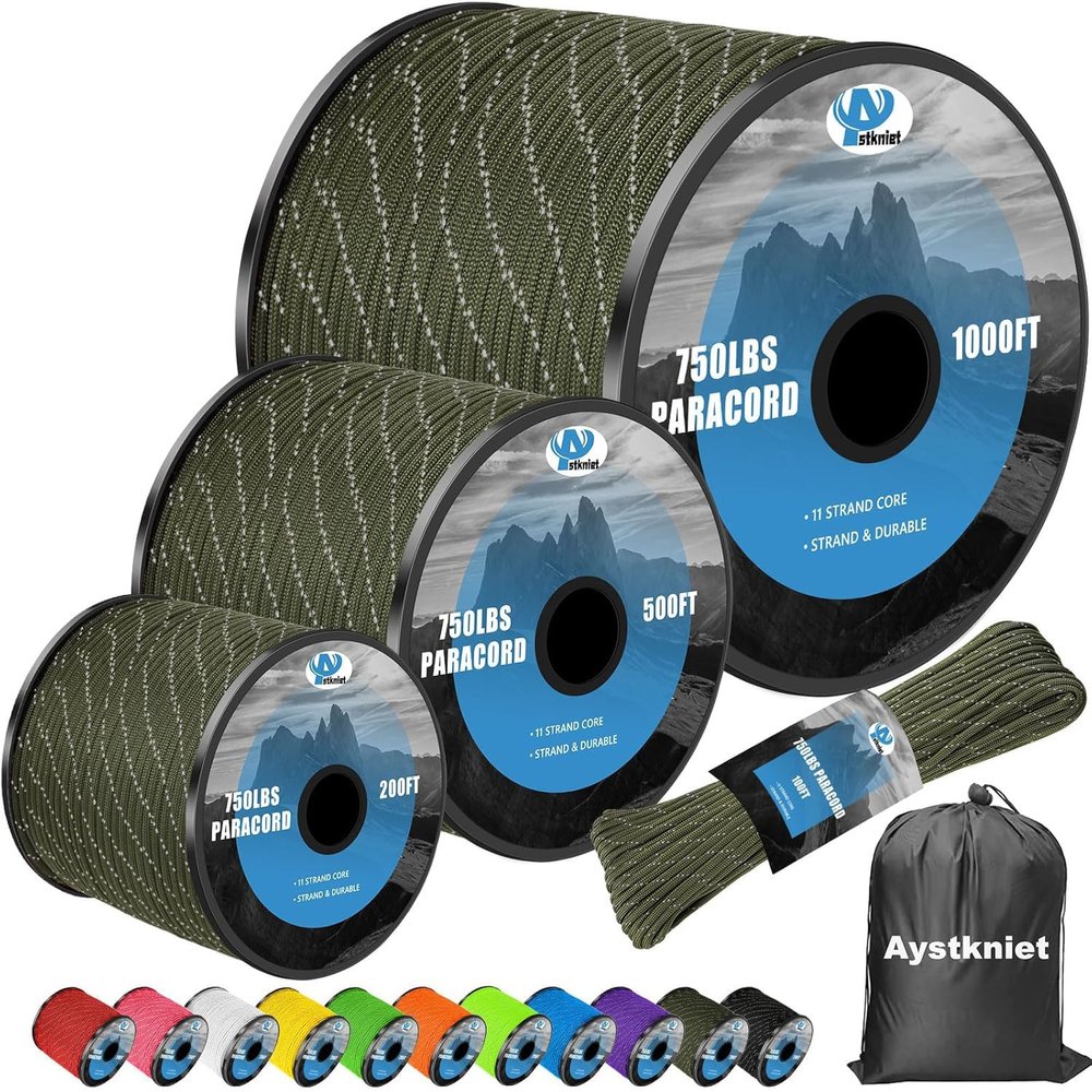 750Ib Reflective Paracord Rope,200', 4mm 11 Strand Parachute Spool Cord with Collecting Bag, para Cord Lanyard for Hammock, Camping, Hiking