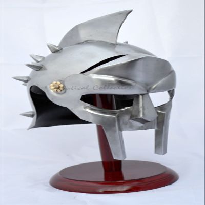 NAUTICAL COLLECTION Gladiator Maximum Medieval Armor Helmet with Liner & Chin-Strap Halloween Props with Display Stand Silver Replica Costume with inner liner chin strap Replica