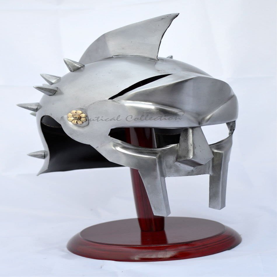NAUTICAL COLLECTION Gladiator Maximum Medieval Armor Helmet with Liner & Chin-Strap Halloween Props with Display Stand Silver Replica Costume with inner liner chin strap Replica